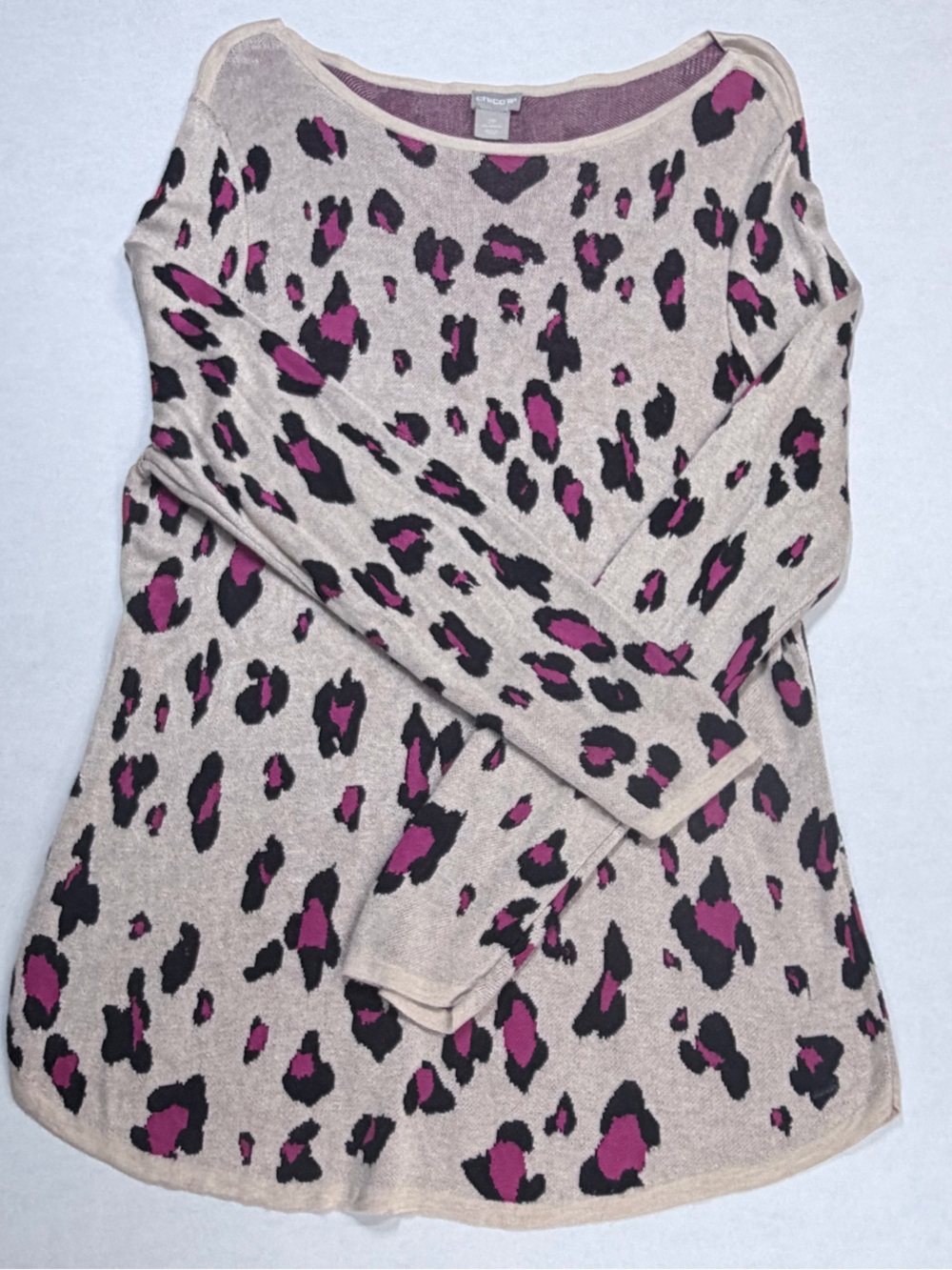Chico's Leopard Print Rayon Knit Sweater Pink Magenta Beige Petite Size 2P Large